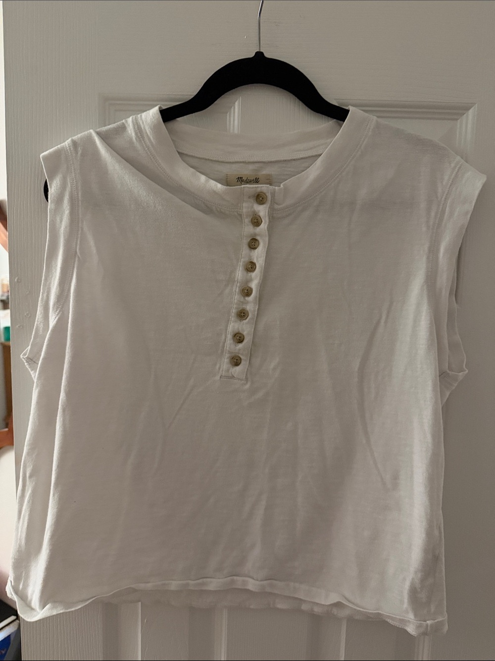 Madewell White Sleeveless Henley Tee with Button Placket